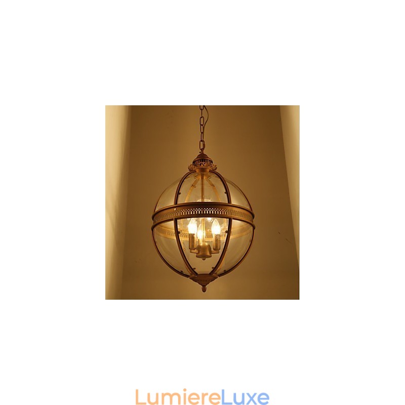 Lustre en fer, bronze, lampe en verre