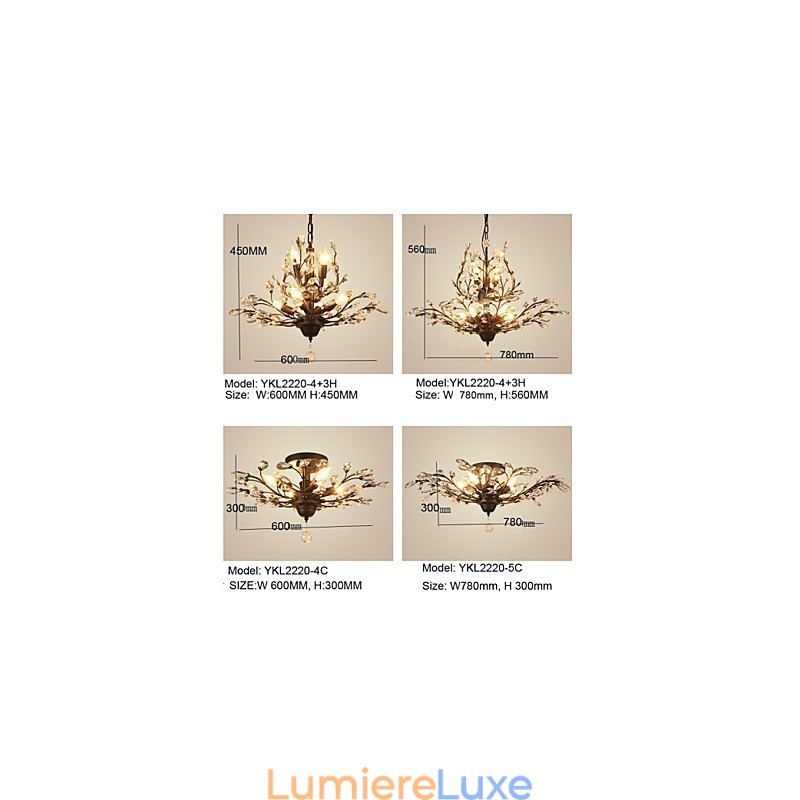 Plafonnier vintage en cristal 7 lumières, peinture sur métal, noir ou doré