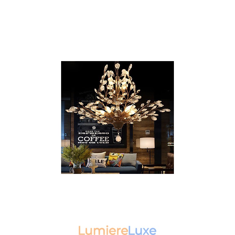 Plafonnier vintage en cristal 7 lumières, peinture sur métal, noir ou doré