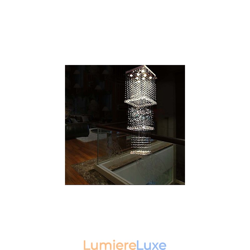Plafonnier suspendu en cristal K9, 8 lumières, design moderne et luxueux, avec canopée argentée transparente