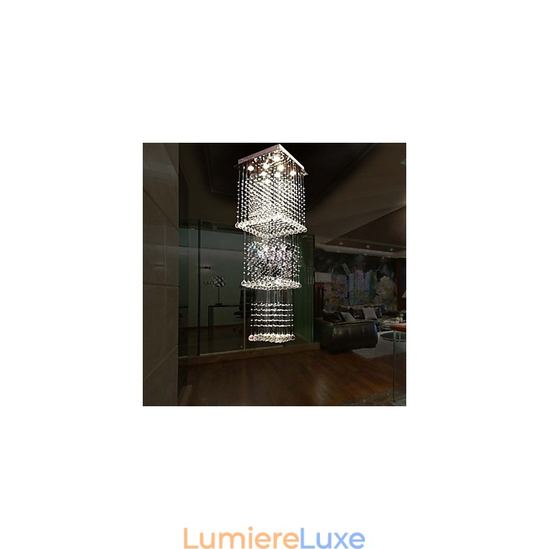 Plafonnier suspendu en cristal K9, 8 lumières, design moderne et luxueux, avec canopée argentée transparente