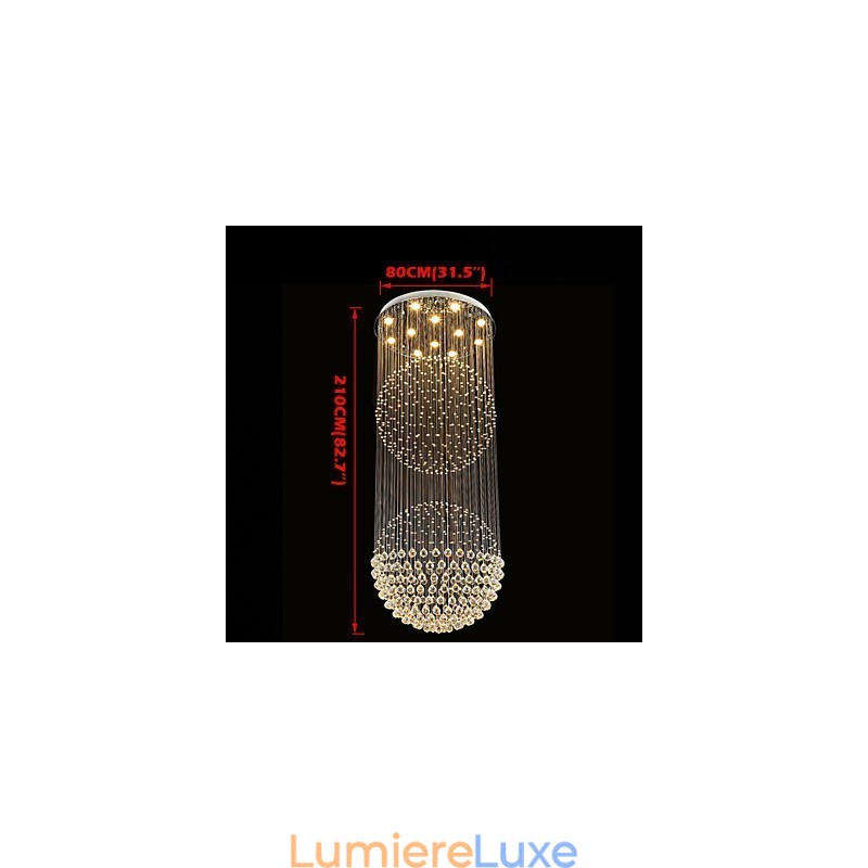Lustre suspendu moderne en cristal à 12 lumières, design argenté, globe en cristal transparent