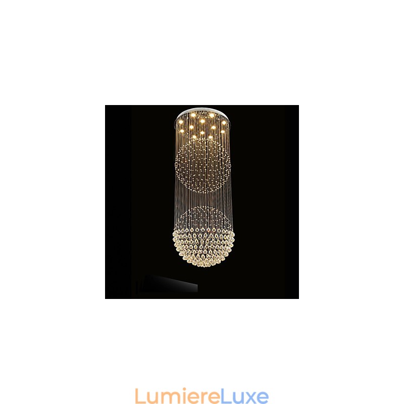Lustre suspendu moderne en cristal à 12 lumières, design argenté, globe en cristal transparent