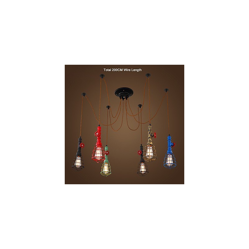 Suspension vintage à 6 lumières, design de pipe à eau