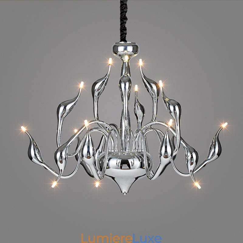 Lustre moderne contemporain en métal chromé galvanisé argenté à 15 lumières