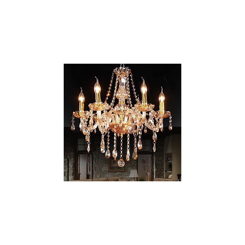 Lustre élégant en cristal ambré à 6 lumières pour la maison