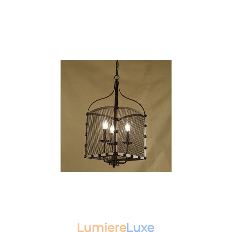 Lustre rétro industriel en fer forgé avec couvercle en filet