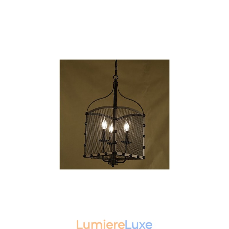 Lustre rétro industriel en fer forgé avec couvercle en filet