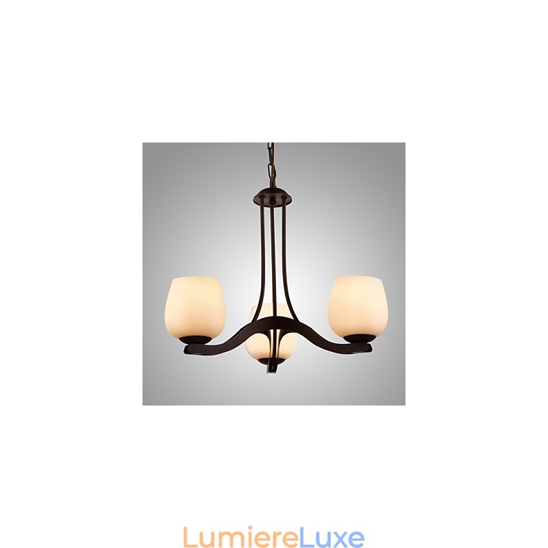 Lustre en fer peint avec abat-jour en verre, lampe d'éclairage classique à 3 têtes