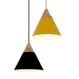 Mini suspension artistique en forme de cône, 1 lumière, finition moderne et simple, noir, blanc, jaune, aluminium et bois.