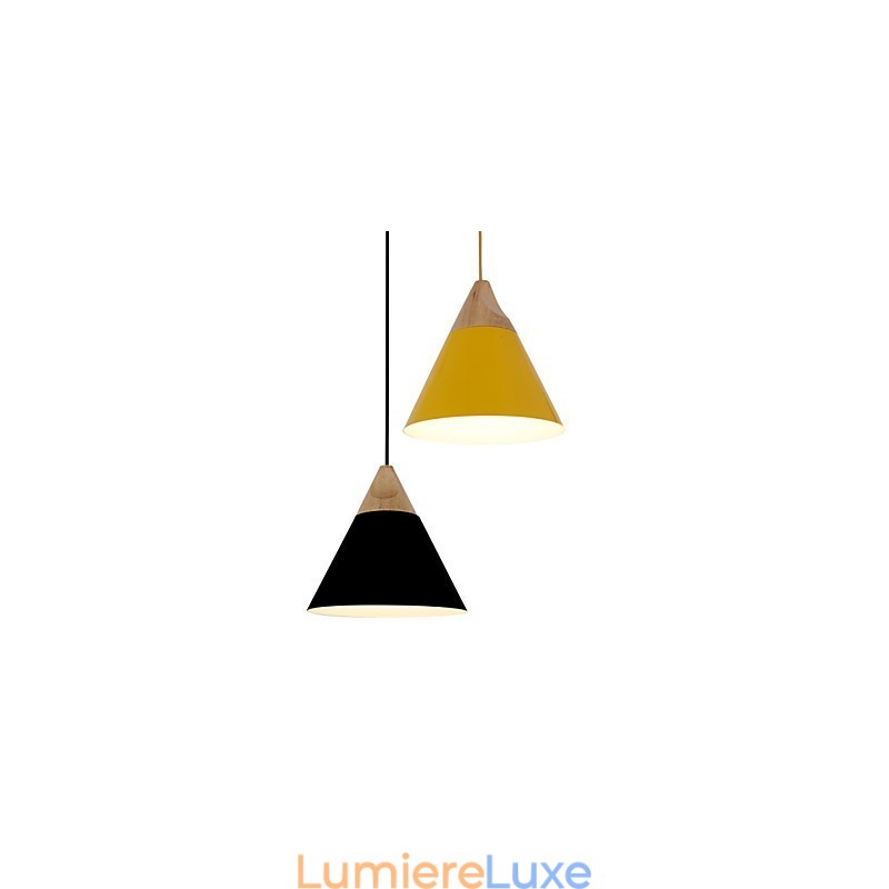 Mini suspension artistique en forme de cône, 1 lumière, finition moderne et simple, noir, blanc, jaune, aluminium et bois.