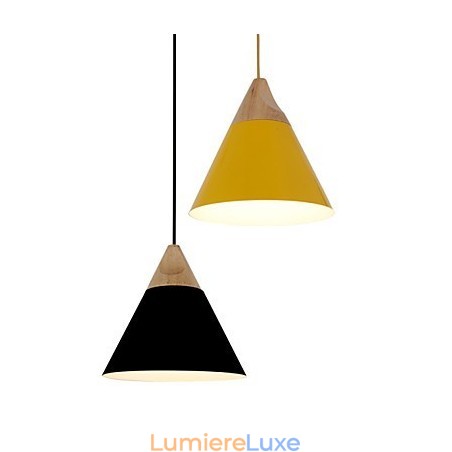 Mini suspension artistique en forme de cône, 1 lumière, finition moderne et simple, noir, blanc, jaune, aluminium et bois. Mini suspension artistique en forme de cône, 1 lumière, finition moderne et simple, noir, blanc, jaune, aluminium et bois.