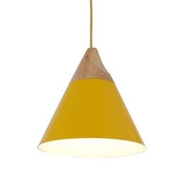 Mini suspension artistique en forme de cône, 1 lumière, finition moderne et simple, noir, blanc, jaune, aluminium et bois.