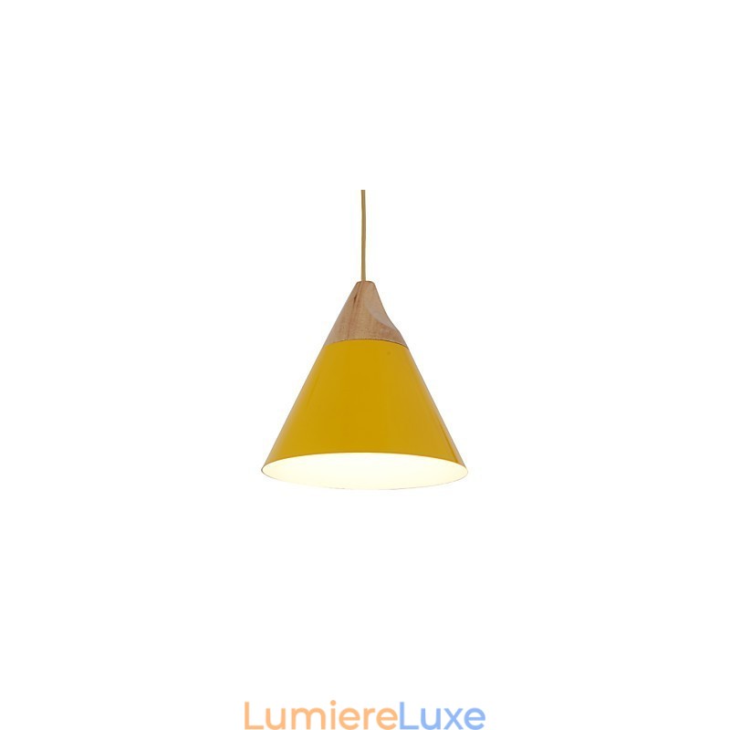 Mini suspension artistique en forme de cône, 1 lumière, finition moderne et simple, noir, blanc, jaune, aluminium et bois.