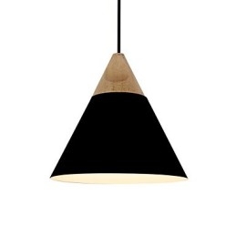 Mini suspension artistique en forme de cône, 1 lumière, finition moderne et simple, noir, blanc, jaune, aluminium et bois.