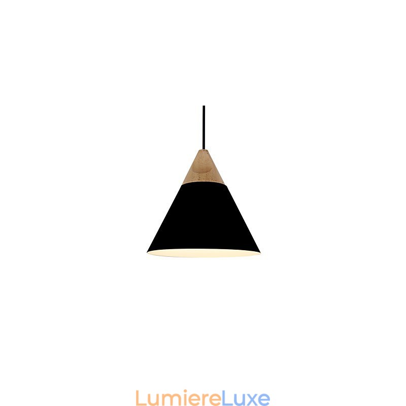 Mini suspension artistique en forme de cône, 1 lumière, finition moderne et simple, noir, blanc, jaune, aluminium et bois.