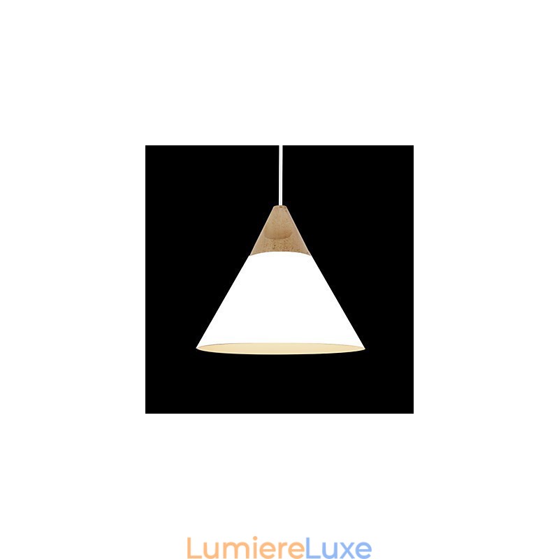 Mini suspension artistique en forme de cône, 1 lumière, finition moderne et simple, noir, blanc, jaune, aluminium et bois.